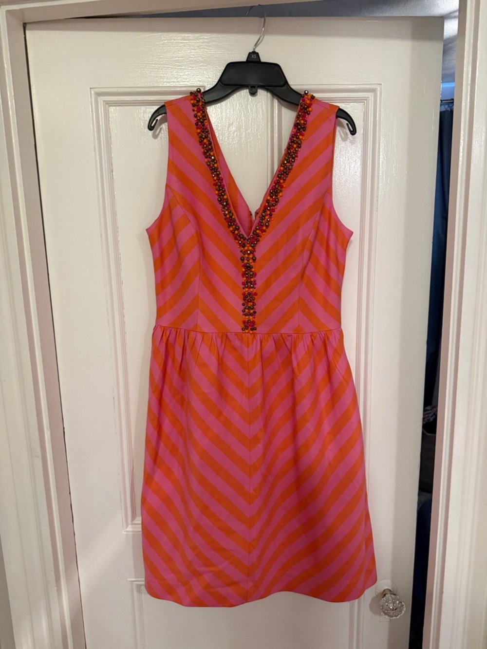 Lilly Pulitzer Pink & Orange Striped VNeck Mini Dress Beaded neckline Trim 10